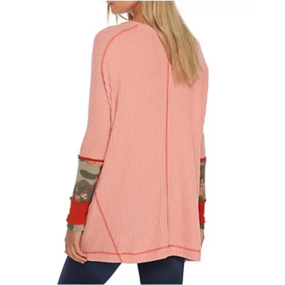Free People We The Free Peach Thermal Lovin Leopard Thermal Top Print Cuffs